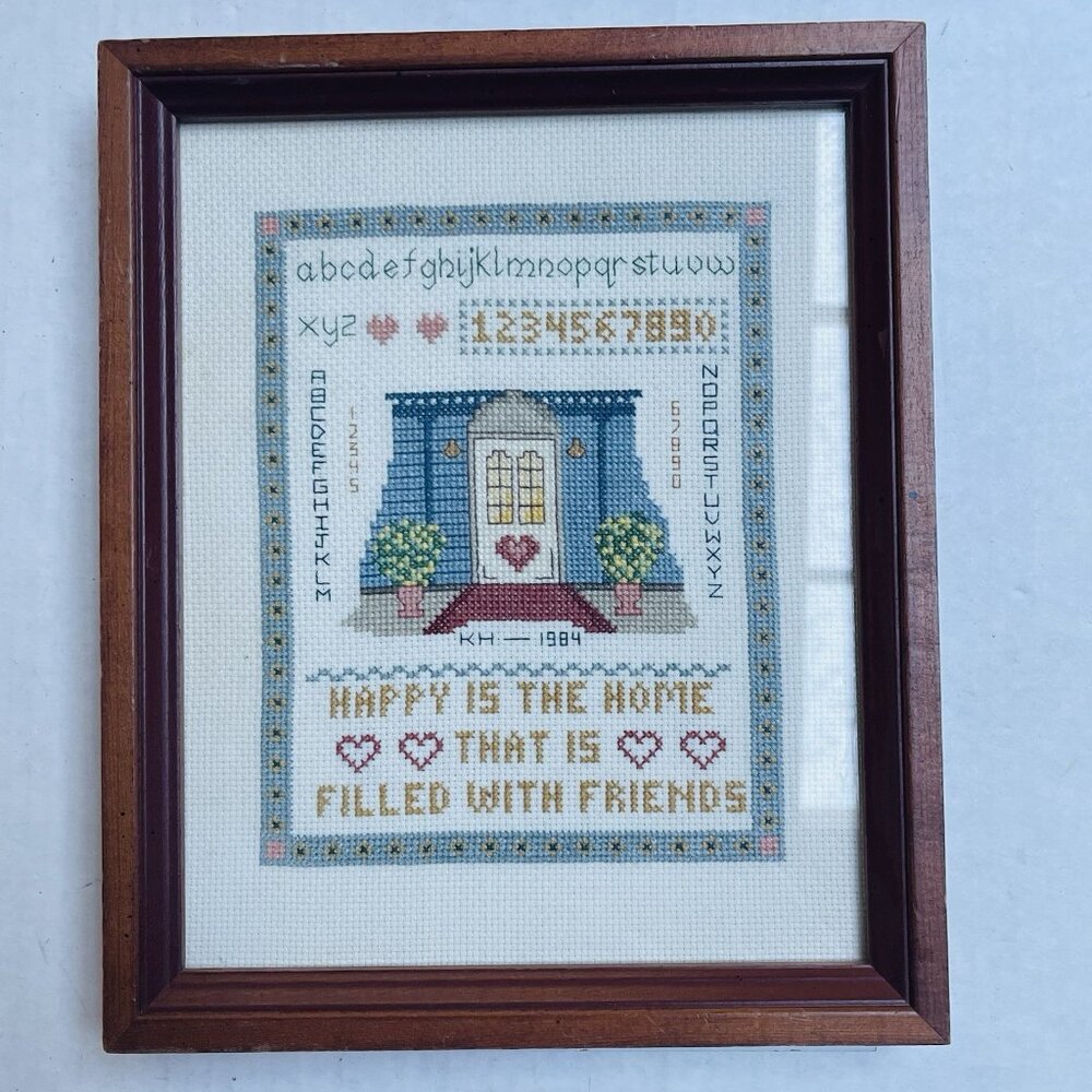 Framed ABC 123 Cross Stitch‎ Home Friends Decor Handmade 1984 Vintage Wood Frame